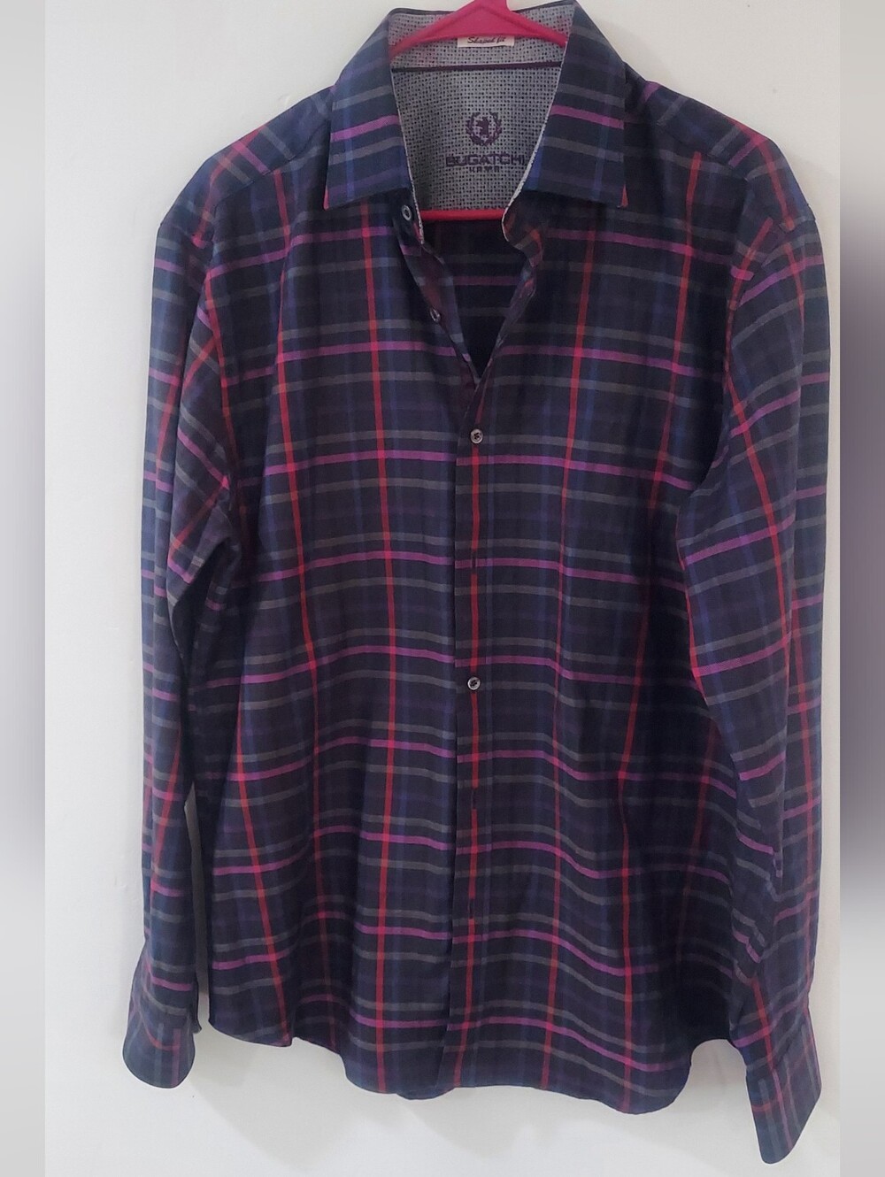 Bugatchi Navy Plaid Button-Down Shirt with Stripes Size Large